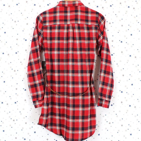Plaid Button Up Shirt Dress with Belt Red - Picture 8 of 10